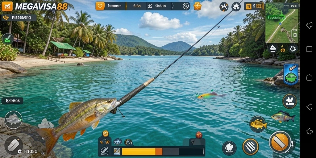 Tampilan gameplay <strong>MEGAVISA88</strong> yang menunjukkan momen menangkap ikan.