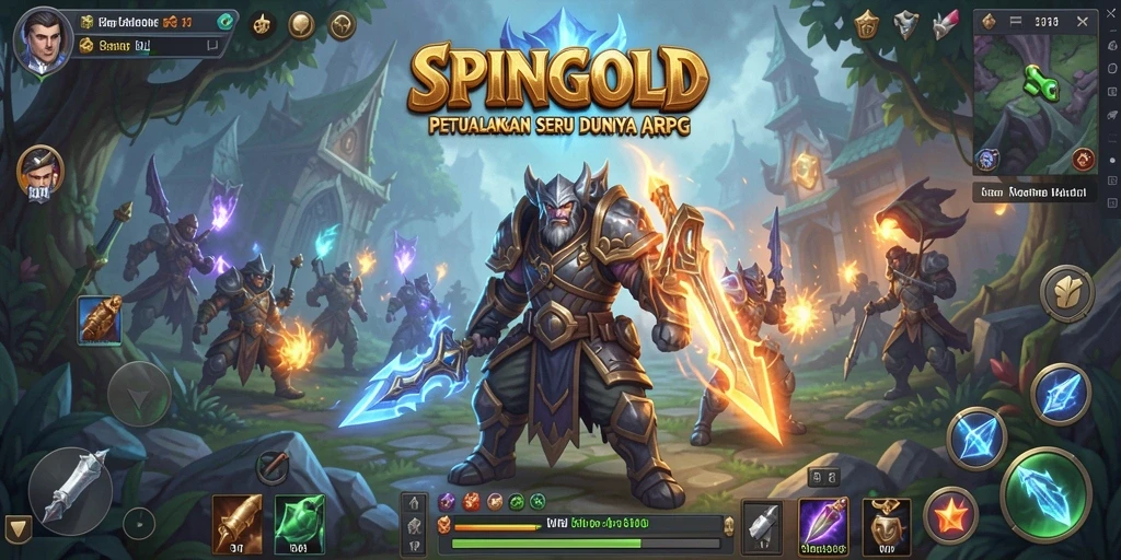 Tangkapan layar utama gameplay SPINGOLD yang menunjukkan aksi pertarungan seru ARPG.